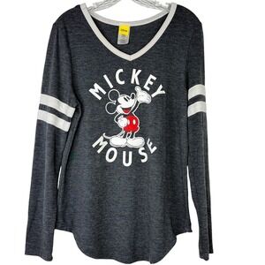 Disney Mickey Mouse Long Sleeve Graphic V-Neck Varsity Tee Grey Juniors L